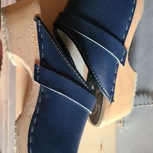 Navy Leather Wood-Platform Mules, Made In Sweden